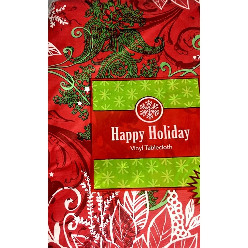 Christmas Holiday Poinsettia Red Green Vinyl Tablecloth Flannel Backed 60